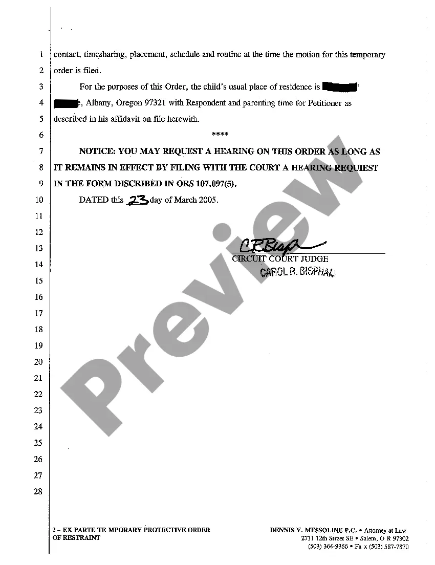 Preview A06 Ex Parte Temporary Protective Order of Restraint