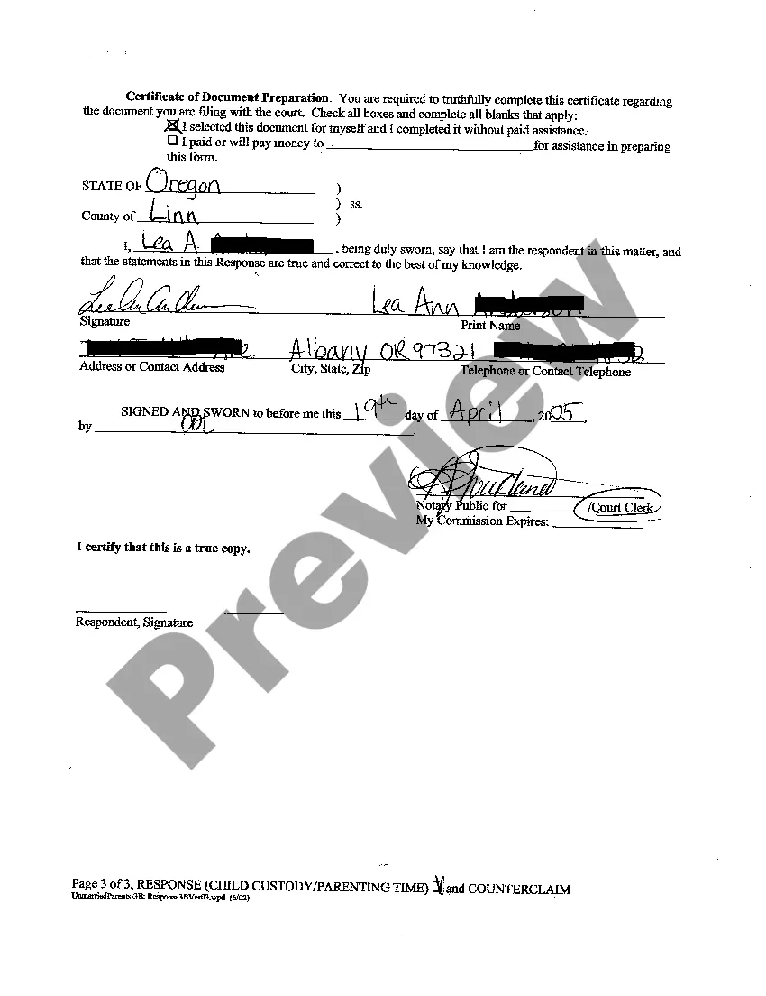 Get A07 Response by Respondent Regarding Child Custody Parenting Time and Counterclaim Preview A07 Response by Respondent Regarding Child Custody Parenting Time and Counterclaim