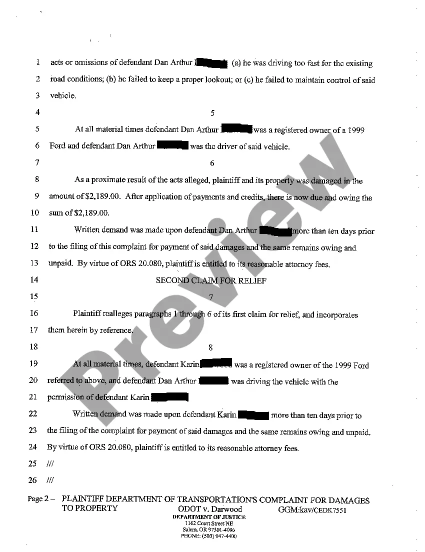 Preview Complaint for Damages to Property Due to Negligence in Automobile Operation