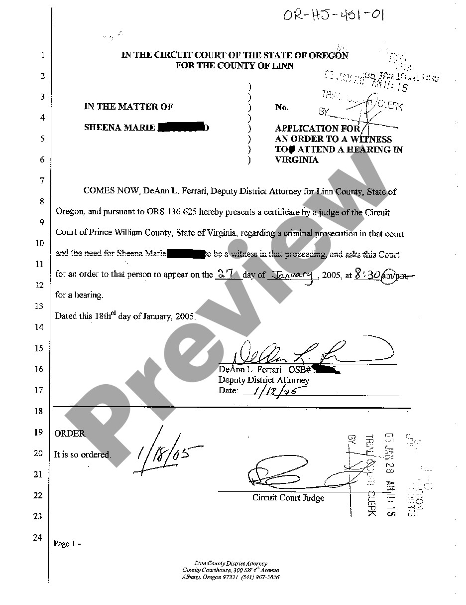 Oregon Application For An Order to a Witness to Attend a Hearing in ...