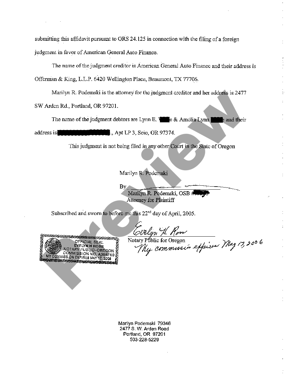 Gresham Oregon Notice of Filing of Foreign Judgment | US Legal Forms