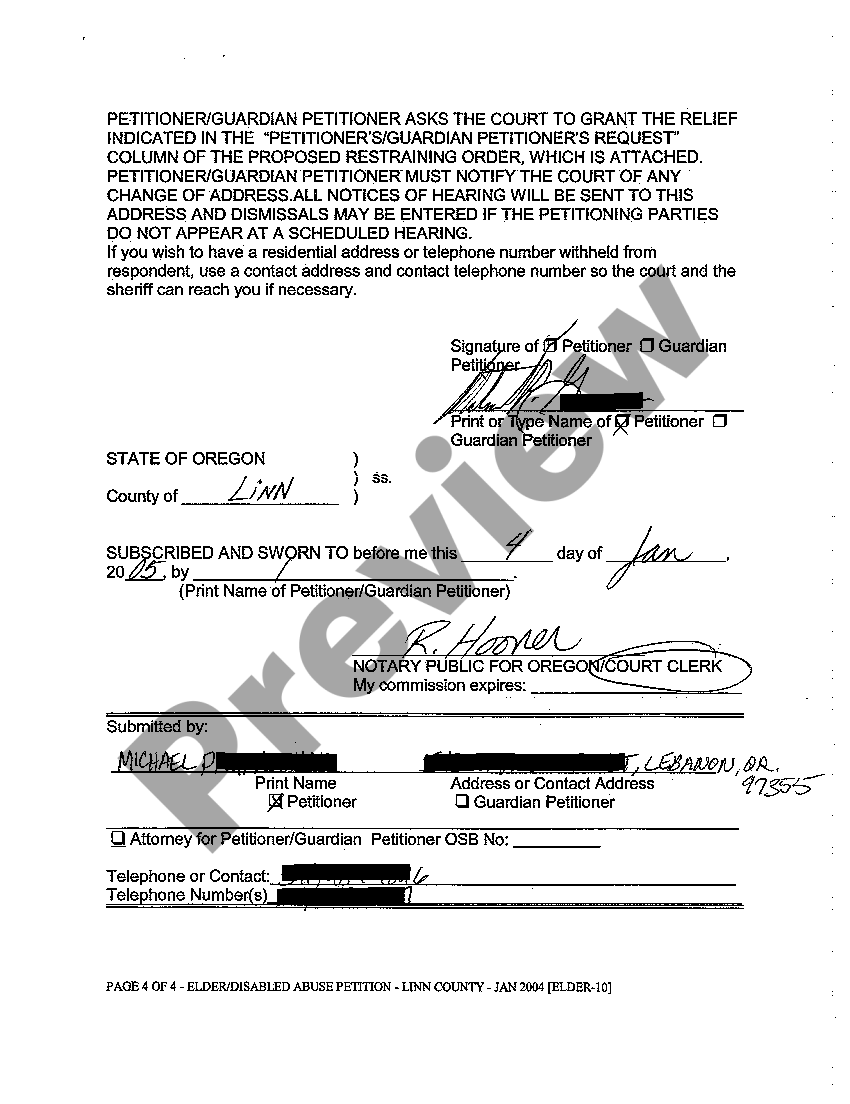 Oregon Petition for Restraining Order to Prevent Abuse of Elderly or