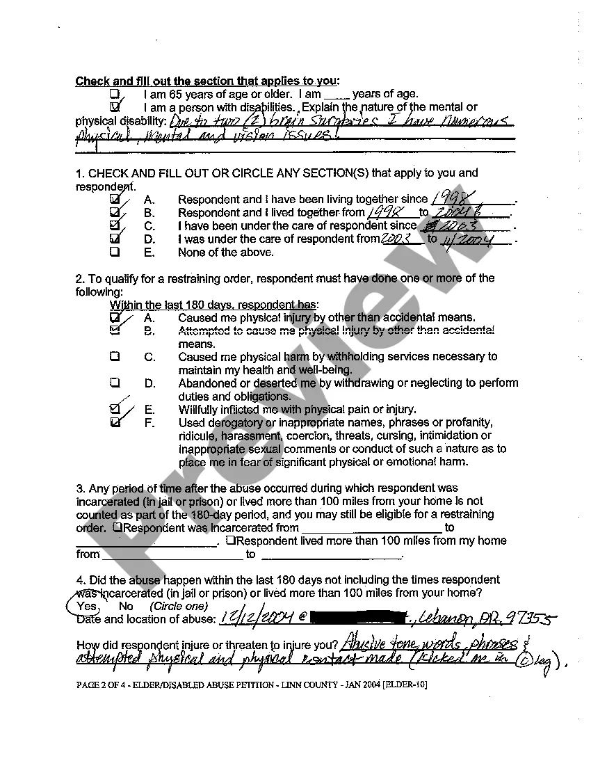 Preview A01 Petition for Restraining Order to Prevent Abuse of Elderly or Disabled Person