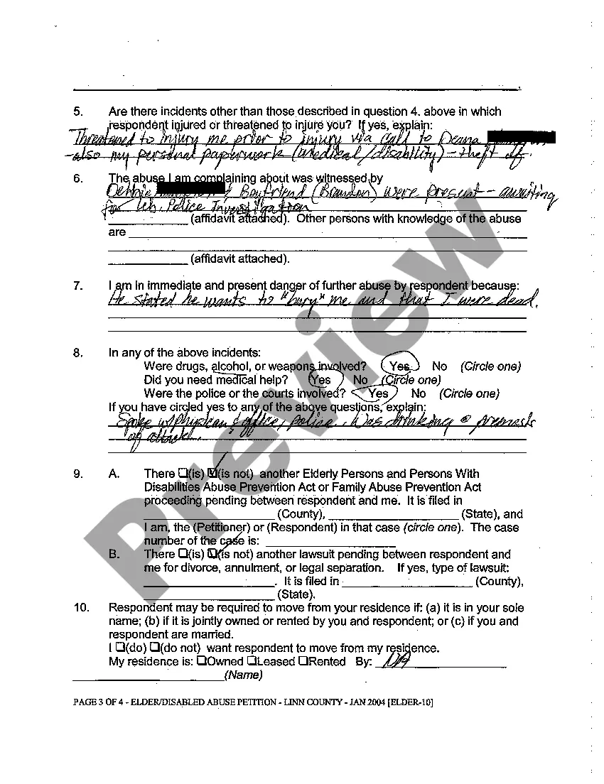 Preview A01 Petition for Restraining Order to Prevent Abuse of Elderly or Disabled Person