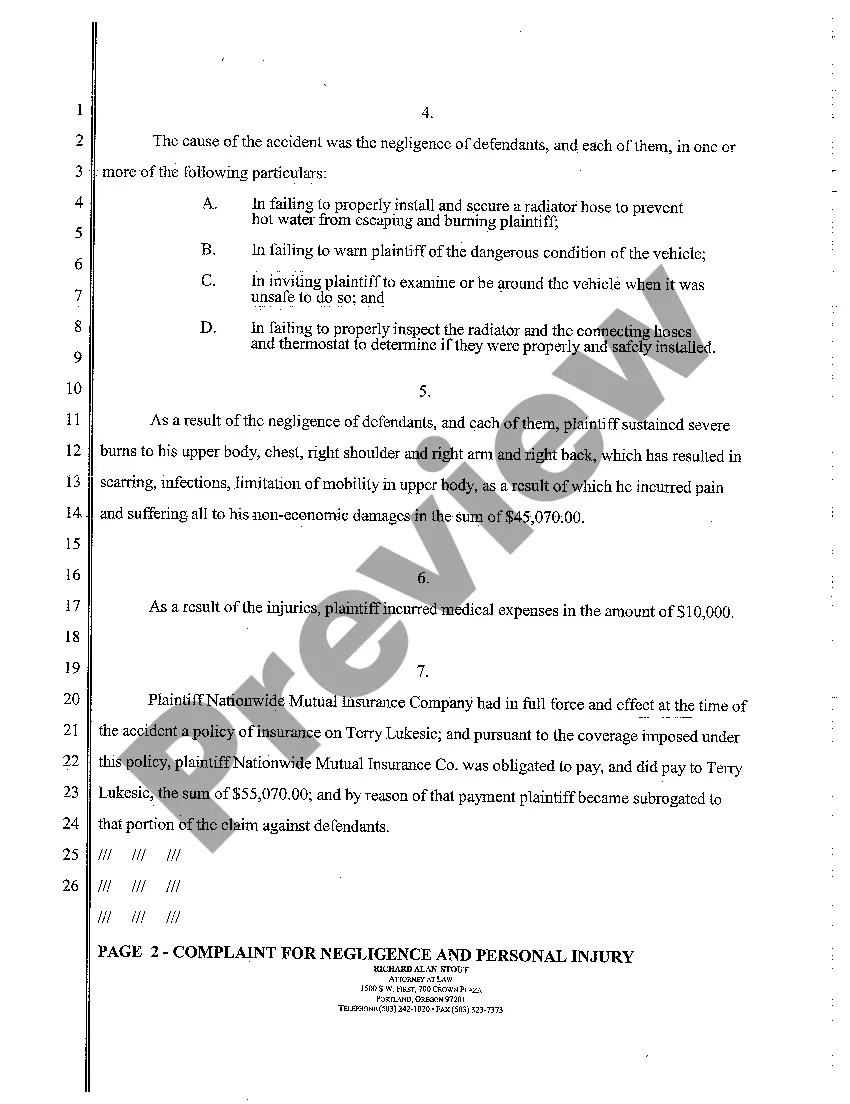 Preview A01 Complaint Negligence and Personal Injury From Faulty Automobile Parts