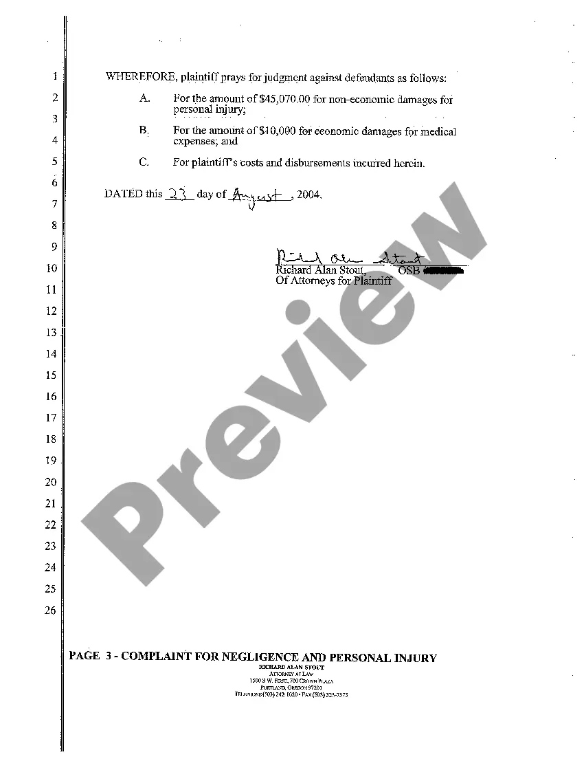 Preview A01 Complaint Negligence and Personal Injury From Faulty Automobile Parts
