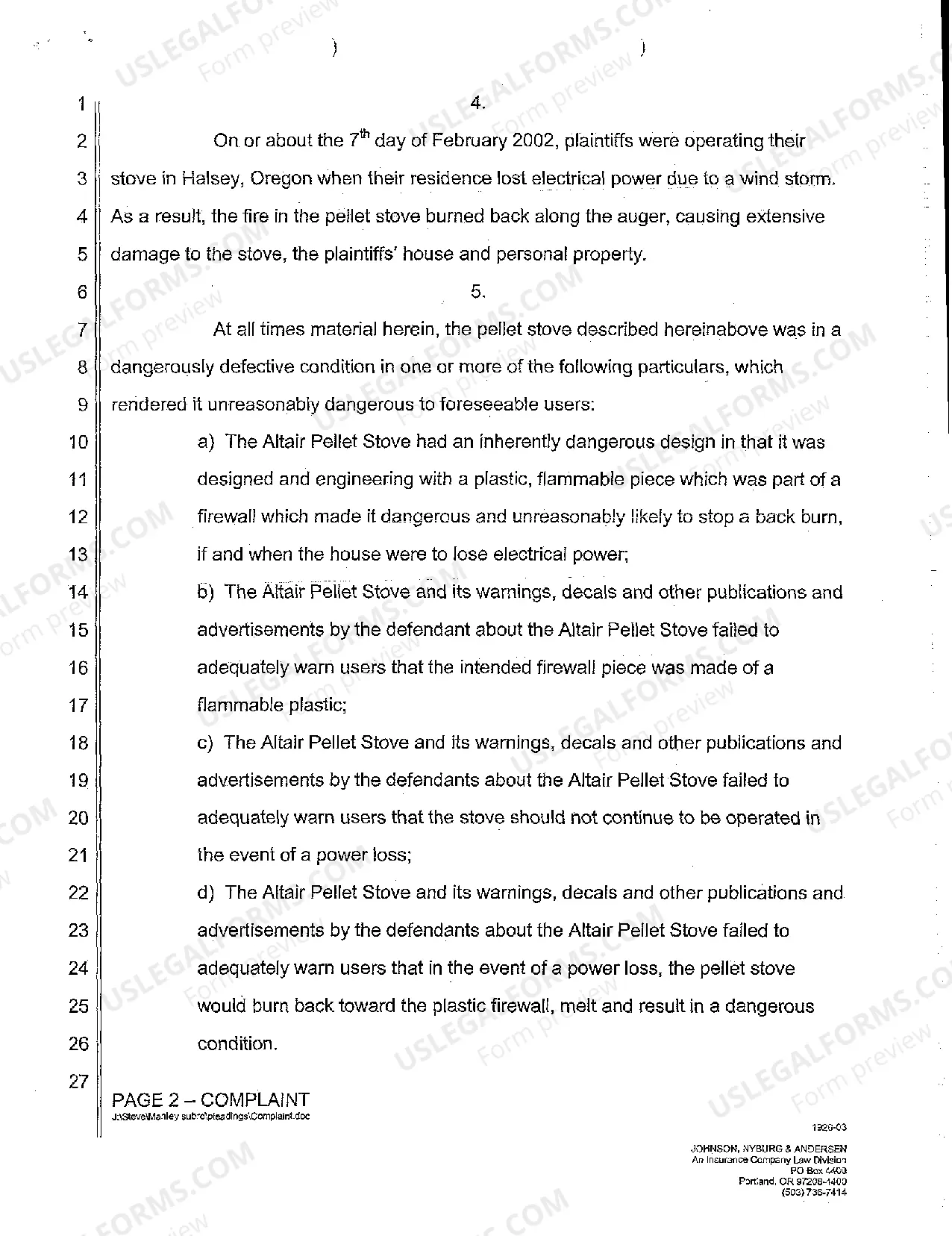 Preview A01 Complaint Negligence - Strict Products Liability - Stove Malfunction