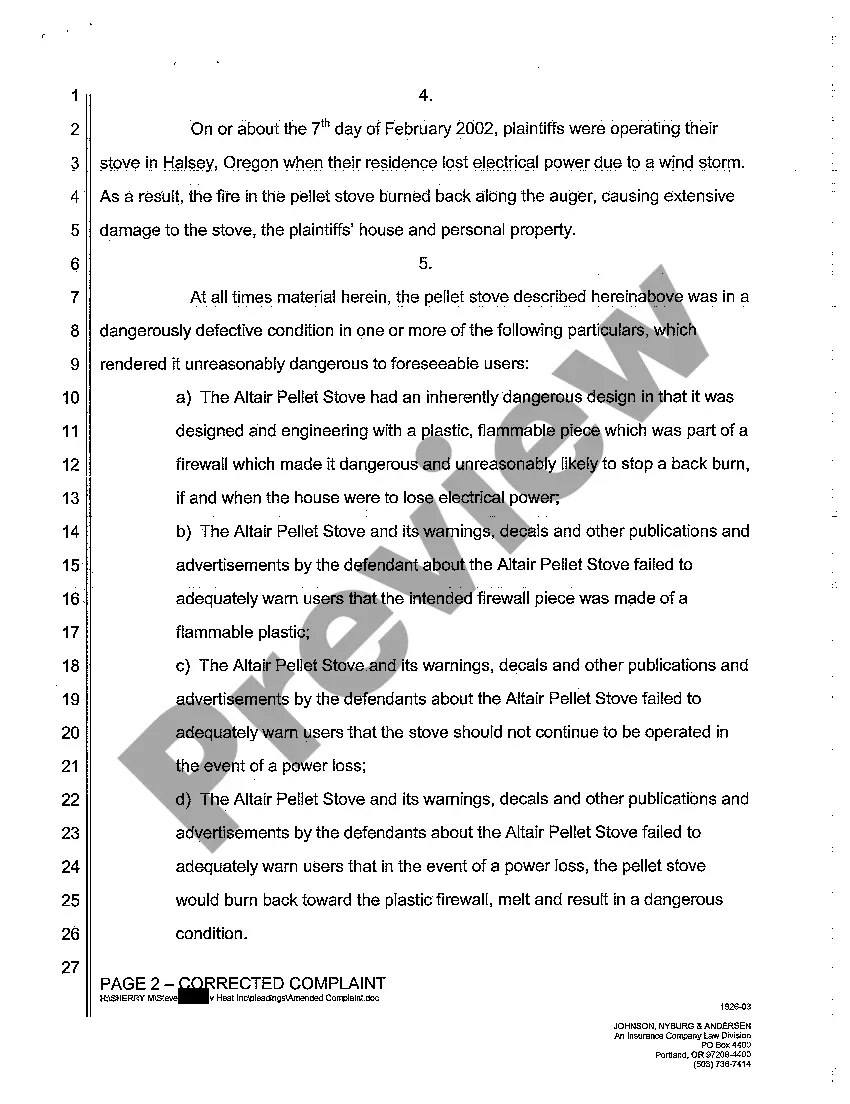 Get A04 Corrected Complaint - Negligence - Strict Products Liability - Stove Malfunction Preview A04 Corrected Complaint - Negligence - Strict Products Liability - Stove Malfunction