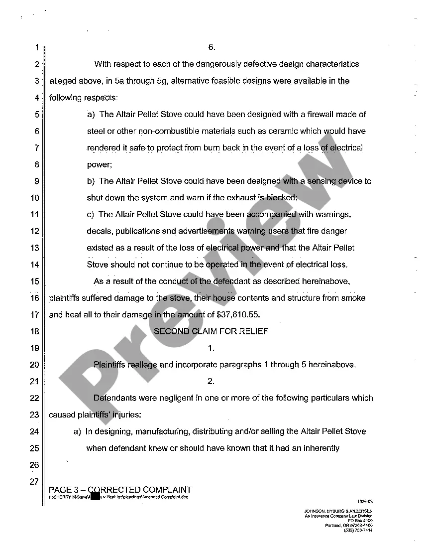 Get A04 Corrected Complaint - Negligence - Strict Products Liability - Stove Malfunction Preview A04 Corrected Complaint - Negligence - Strict Products Liability - Stove Malfunction