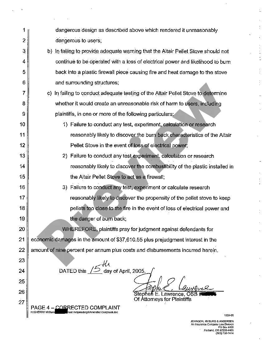 Get A04 Corrected Complaint - Negligence - Strict Products Liability - Stove Malfunction Preview A04 Corrected Complaint - Negligence - Strict Products Liability - Stove Malfunction