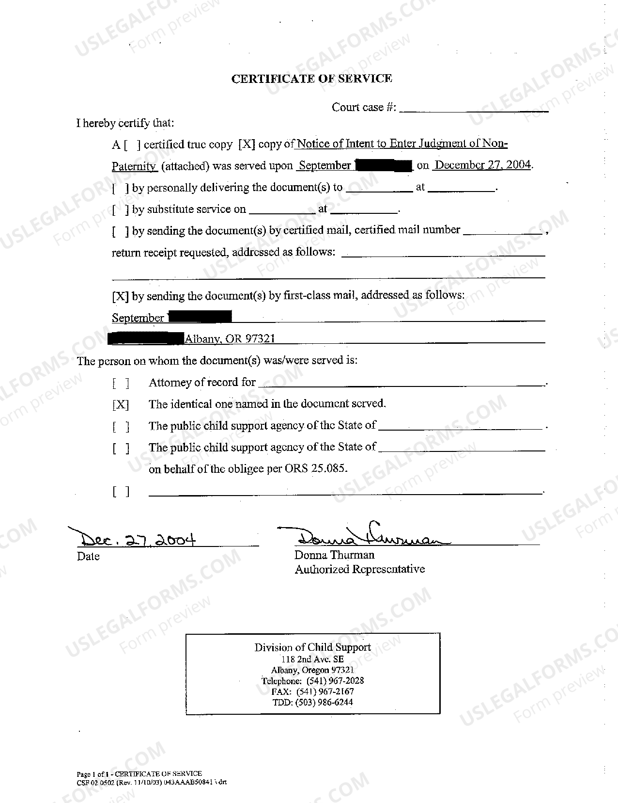 Oregon State's Notice of Intent to Enter Order Judgment of No paternity