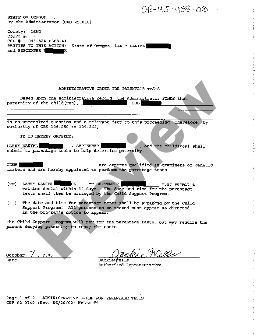 Oregon Administrative Order of Parentage Tests US Legal Forms