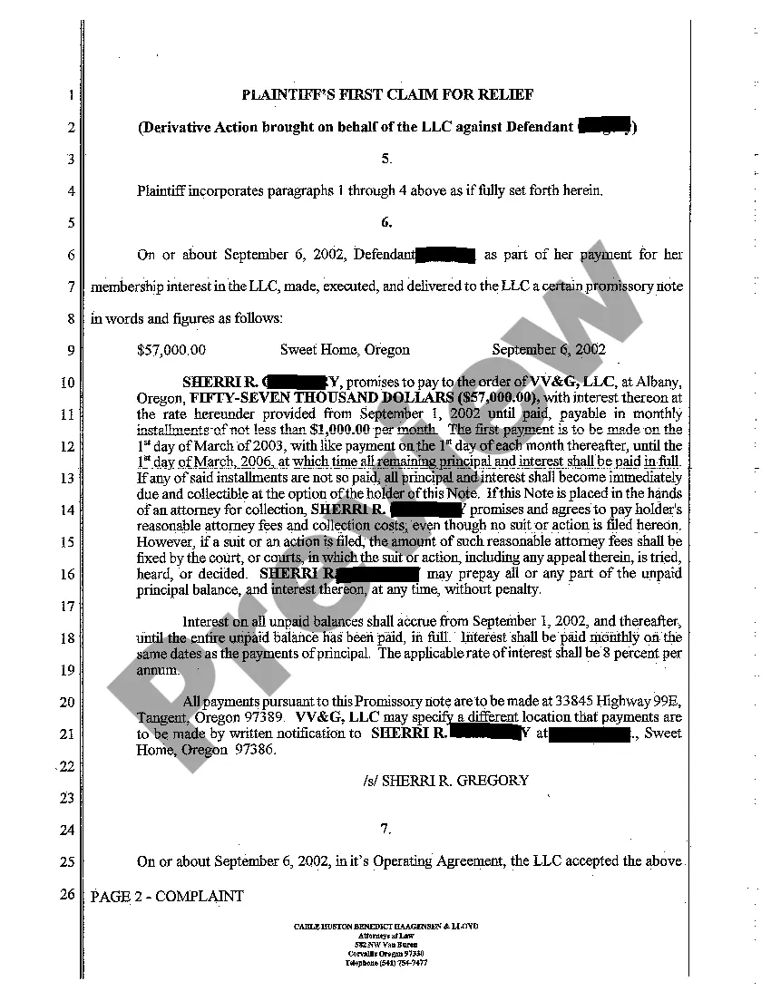 Preview A01 Complaint - Derivative Action - Breach of Promissory Note by Two Defendants for Failure to Pay Membership Fees