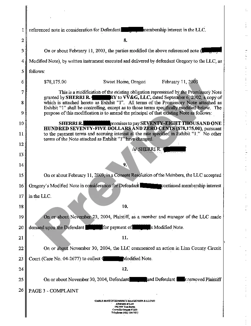 Preview A01 Complaint - Derivative Action - Breach of Promissory Note by Two Defendants for Failure to Pay Membership Fees