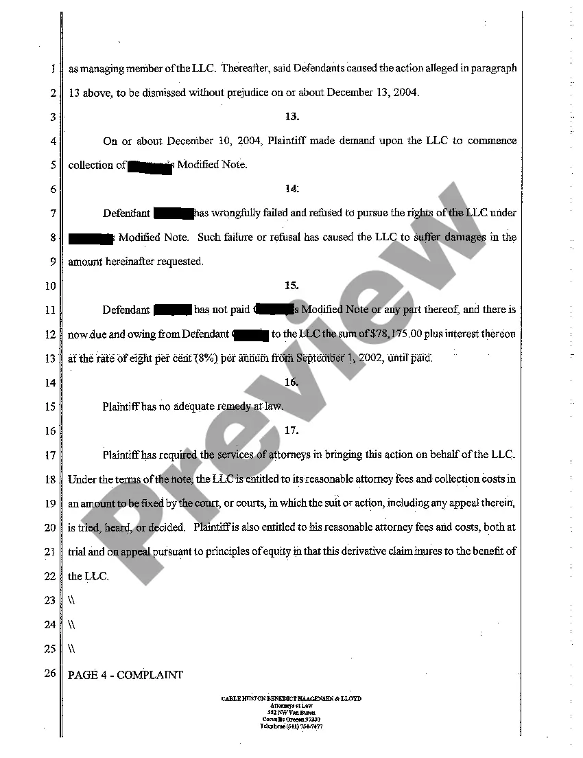 Preview A01 Complaint - Derivative Action - Breach of Promissory Note by Two Defendants for Failure to Pay Membership Fees