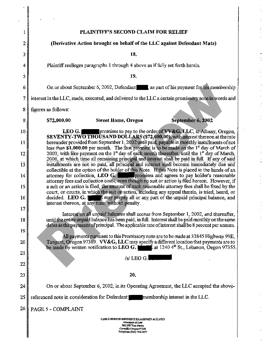 Preview A01 Complaint - Derivative Action - Breach of Promissory Note by Two Defendants for Failure to Pay Membership Fees