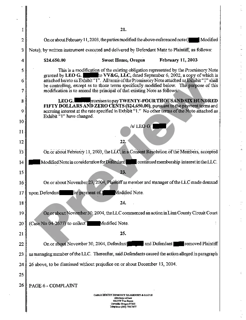 Preview A01 Complaint - Derivative Action - Breach of Promissory Note by Two Defendants for Failure to Pay Membership Fees