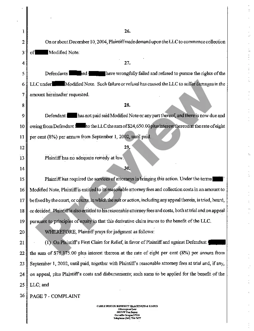 Preview A01 Complaint - Derivative Action - Breach of Promissory Note by Two Defendants for Failure to Pay Membership Fees