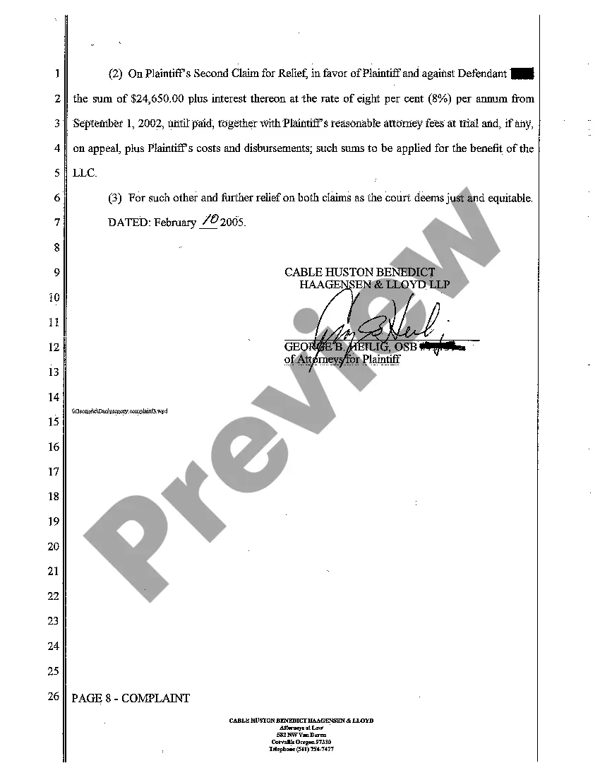 Preview A01 Complaint - Derivative Action - Breach of Promissory Note by Two Defendants for Failure to Pay Membership Fees