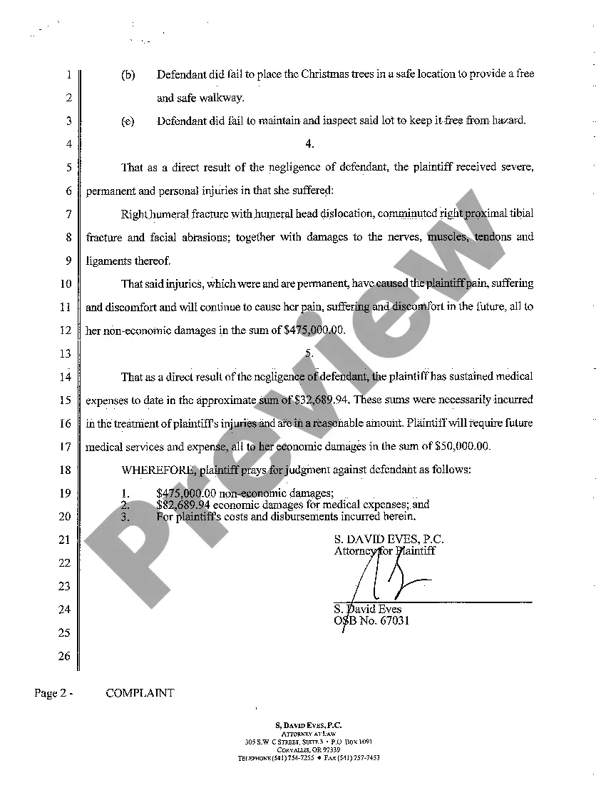 Preview Complaint of Personal Injury Due to Tripping Over Christmas Tree Trunk