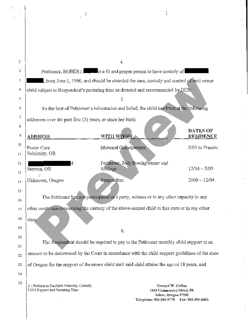 Preview A02 Petition To Establish Paternity, Custody, Child Support and Parenting Time