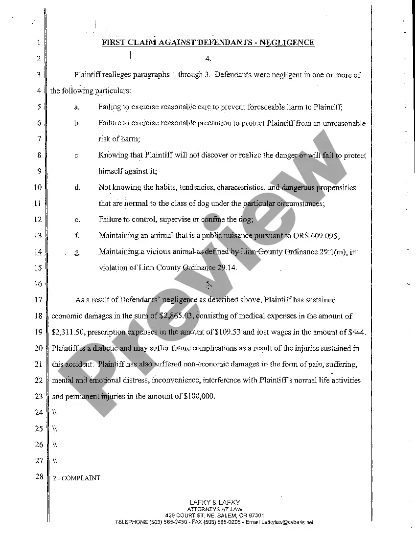 Preview A01 Complaint - Negligence Strict Liability - Vicious Propensities of Domestic Animal