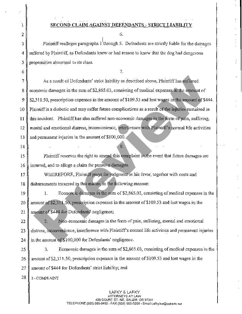 Preview A01 Complaint - Negligence Strict Liability - Vicious Propensities of Domestic Animal
