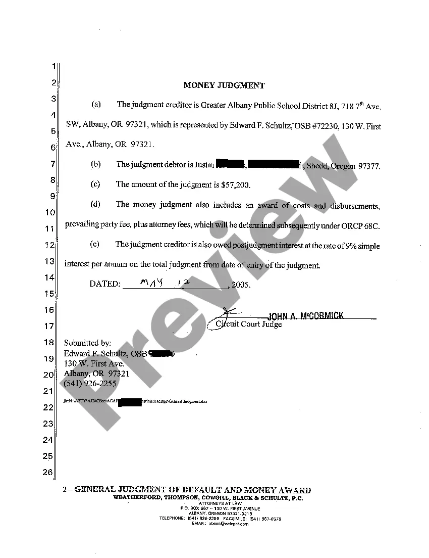 Preview A06 General Judgment of Default and Money Award Against Defendant