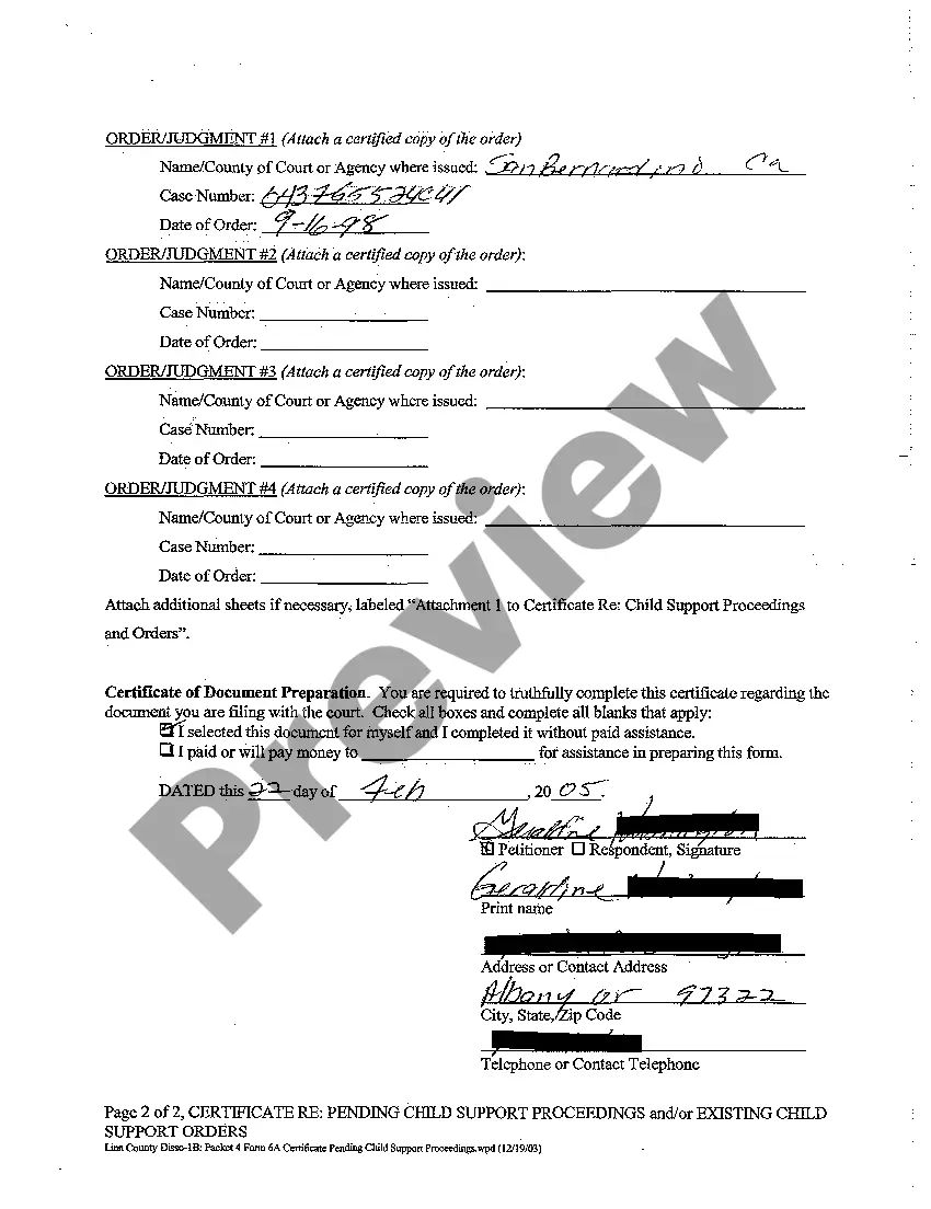 Preview A03 Petitioner Certificate regarding Pending Child Support Proceedings and or Existing Child Support Orders or Judgments