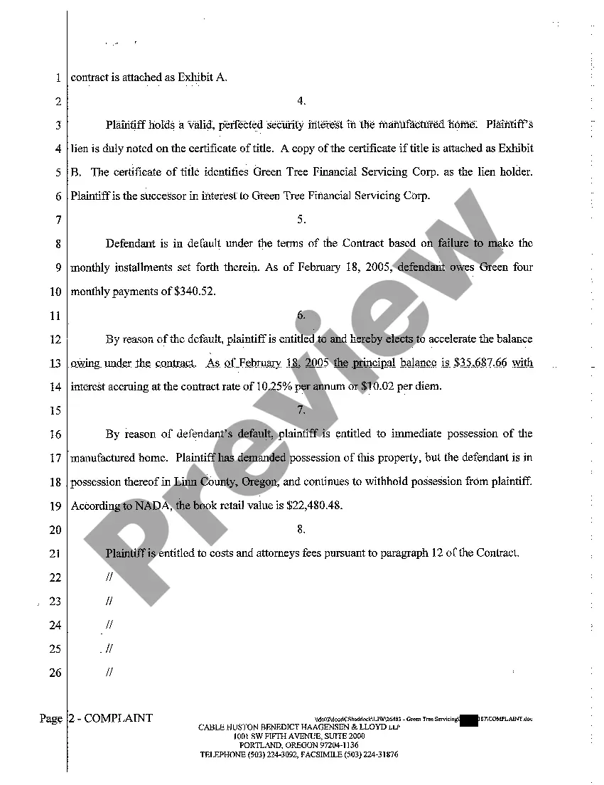 Preview A01 Complaint - Claim and Delivery of Personal Property Security Interest