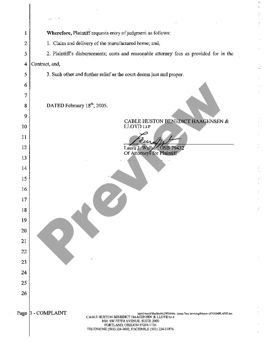 Preview A01 Complaint - Claim and Delivery of Personal Property Security Interest