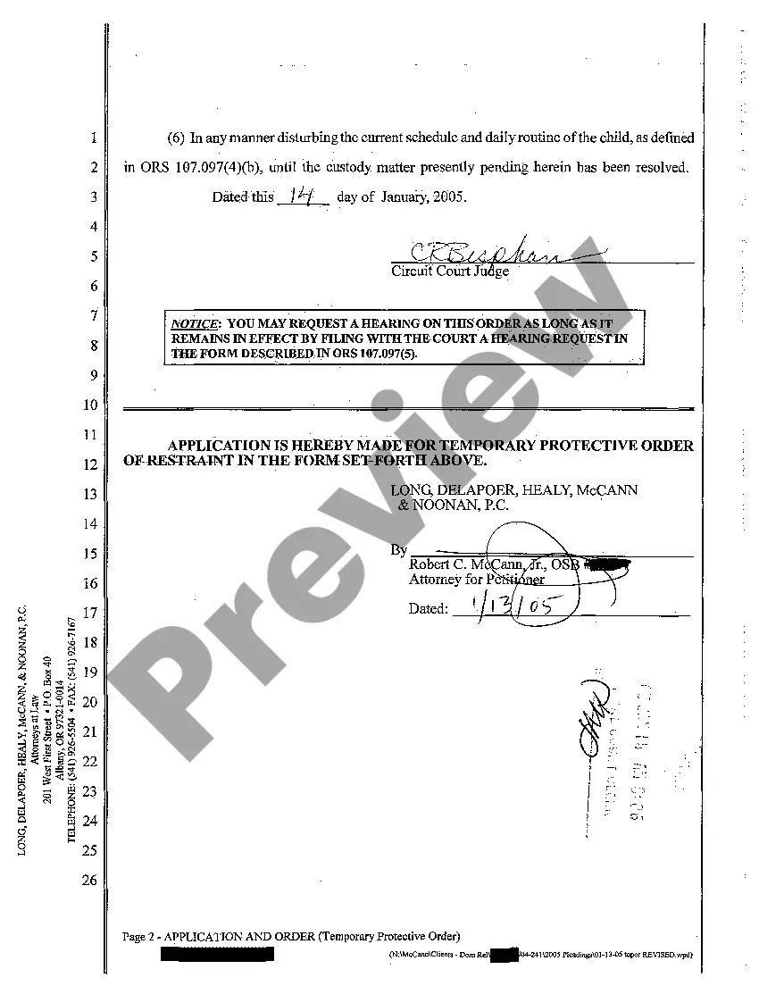 Preview A05 Application and Order For Temporary Protective Order of Restraint