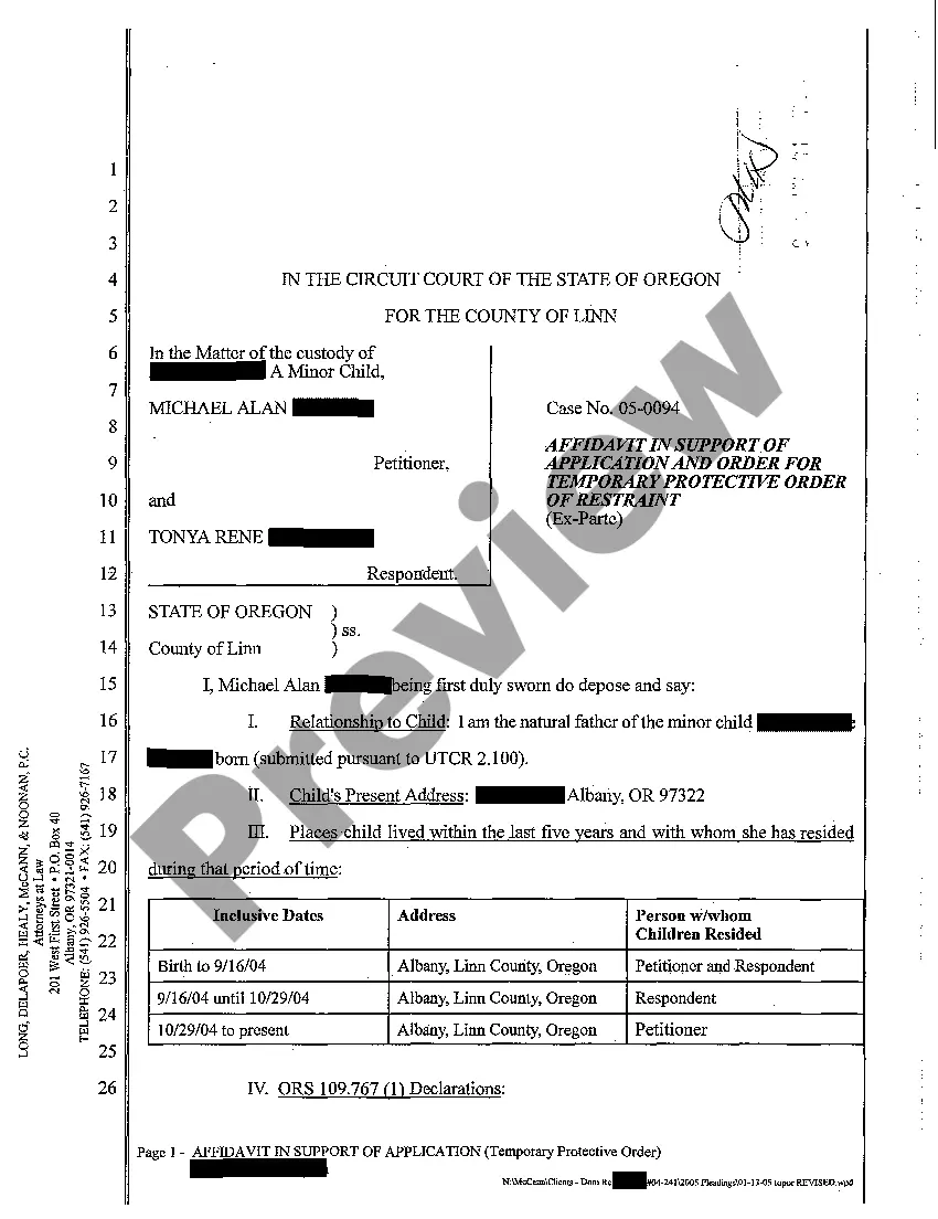 Preview A05 Application and Order For Temporary Protective Order of Restraint