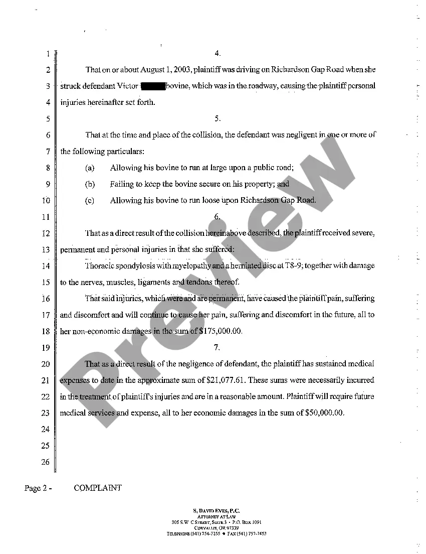 Preview Complaint - Automobile Striking Bovine Causing Personal Injury