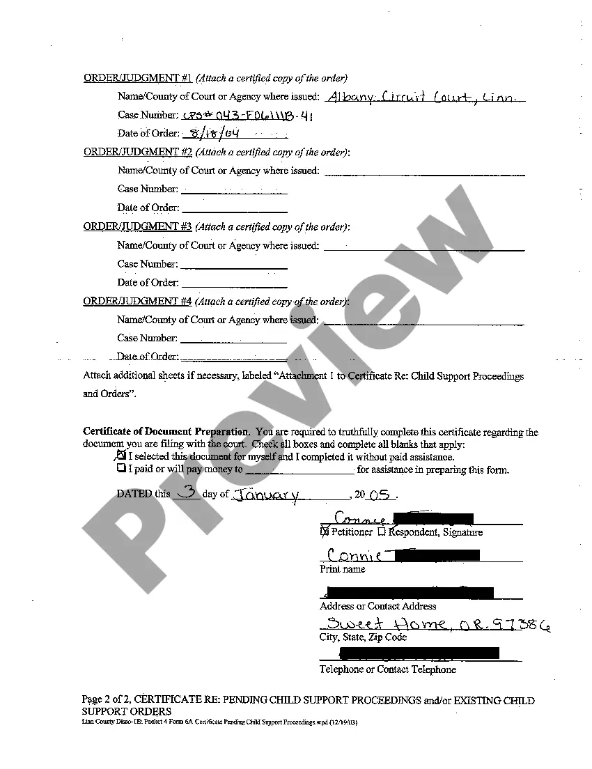 Preview A04 Petitioner Certificate regarding Pending Child Support Proceedings and or Existing Child Support Orders Judgments