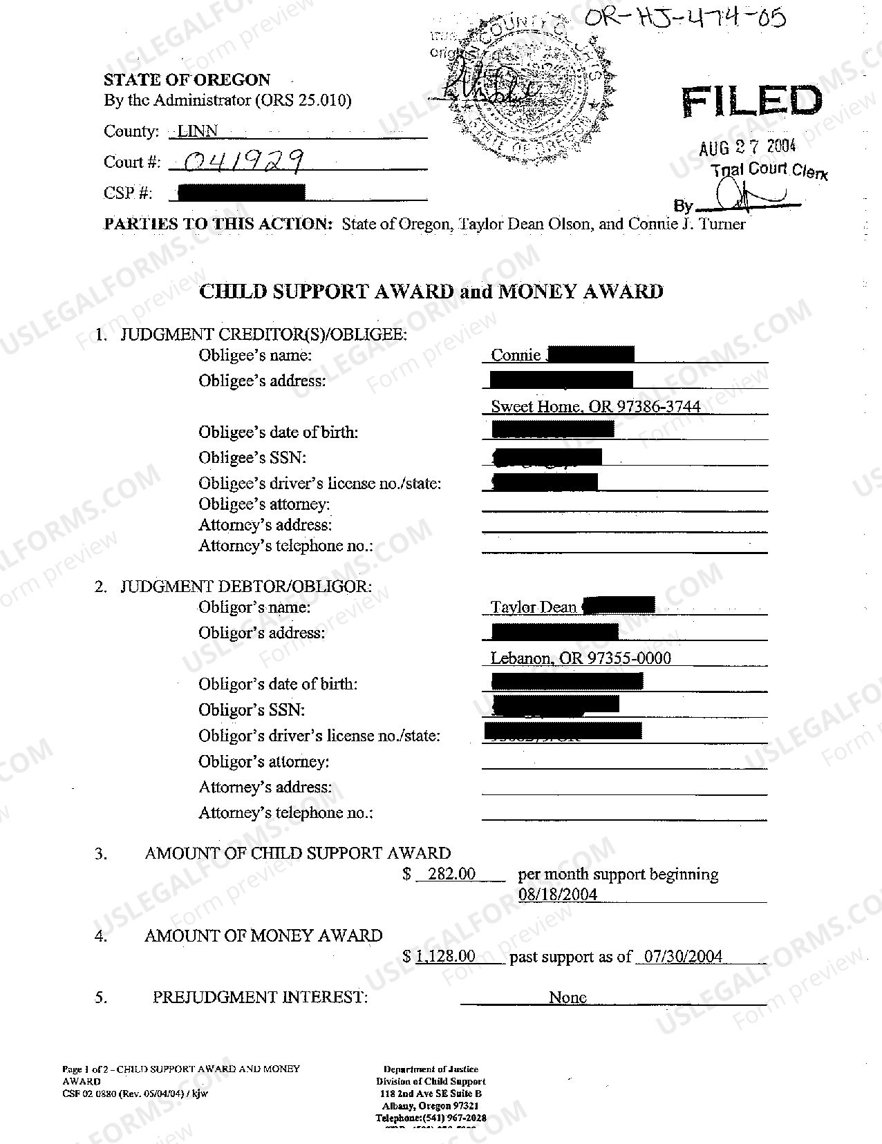 Hillsboro Oregon Child Support Award and Money Award US Legal Forms