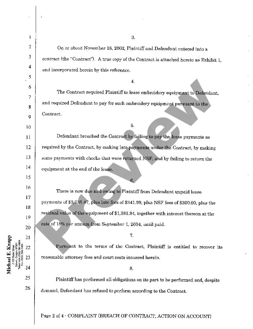 Preview A01 Complaint - Breach of Contract, Action On Account, Action on Personal Guarantee