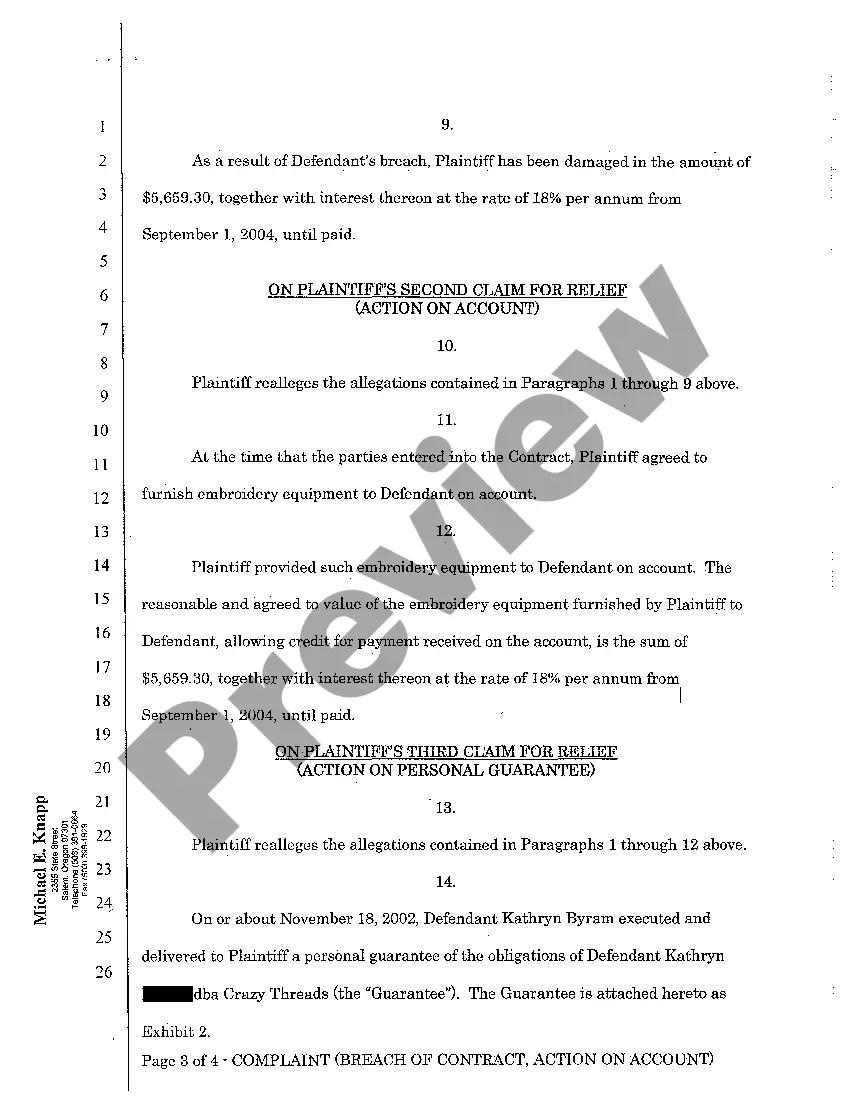 Preview A01 Complaint - Breach of Contract, Action On Account, Action on Personal Guarantee