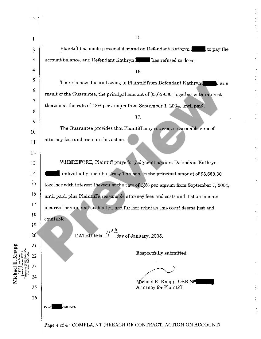 Preview A01 Complaint - Breach of Contract, Action On Account, Action on Personal Guarantee