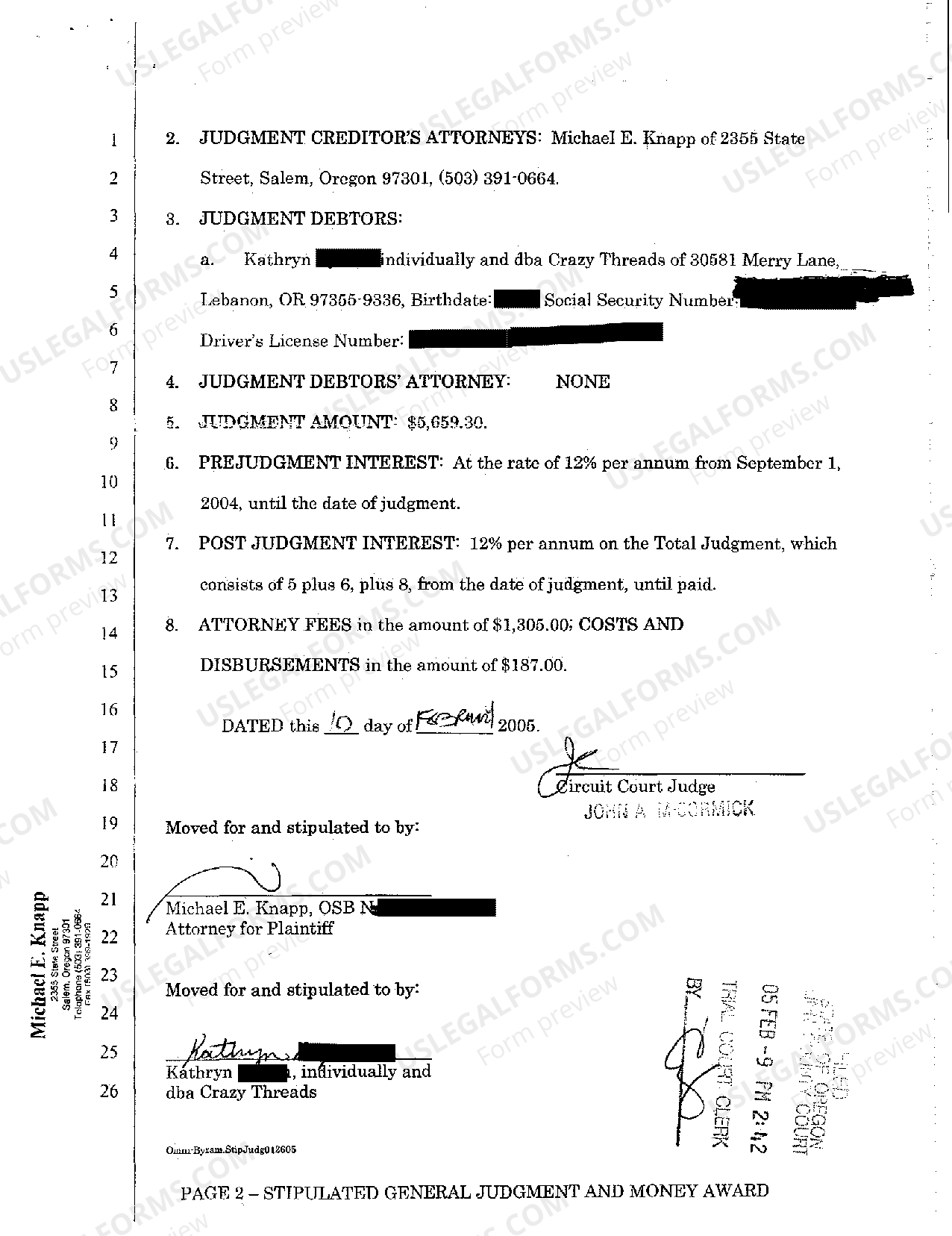 Oregon Stipulated General Judgment and Money Award US Legal Forms