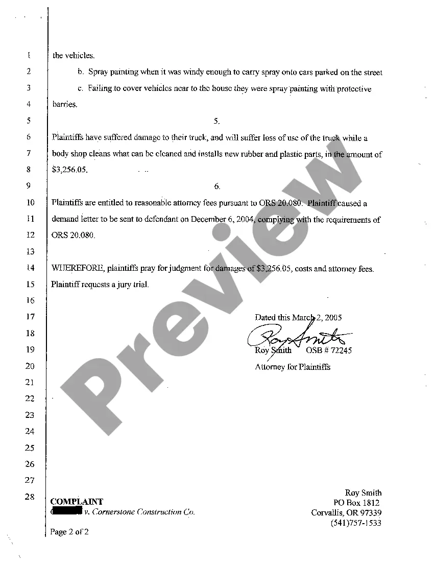 Preview A01 Complaint for Negligence of Painter Getting House Paint on Vehicle