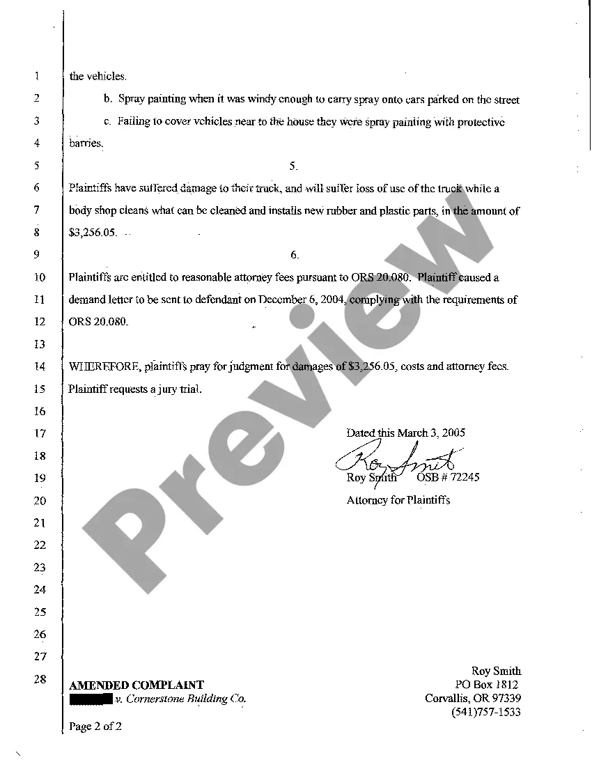 Get A02 Amended Complaint for Negligence of Painter Getting House Paint on Vehicle Preview A02 Amended Complaint for Negligence of Painter Getting House Paint on Vehicle