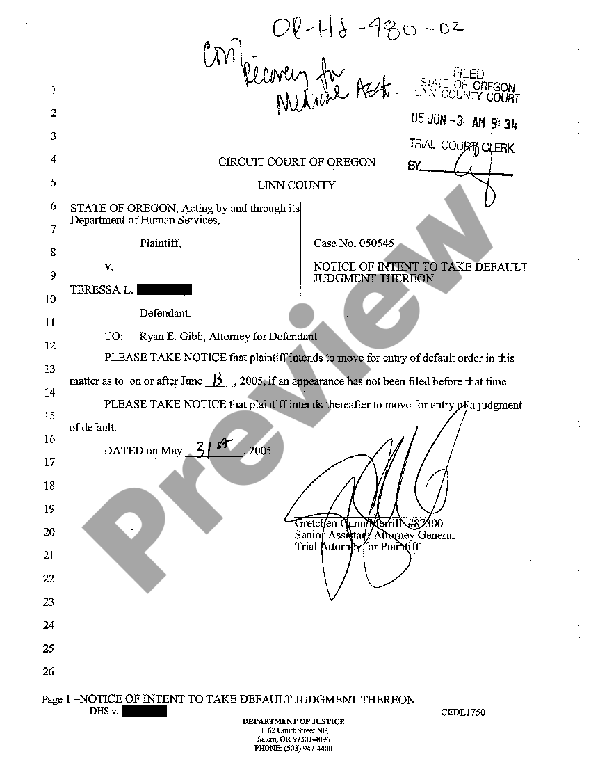 Gresham Oregon Notice of Intent to take Default Judgment Against