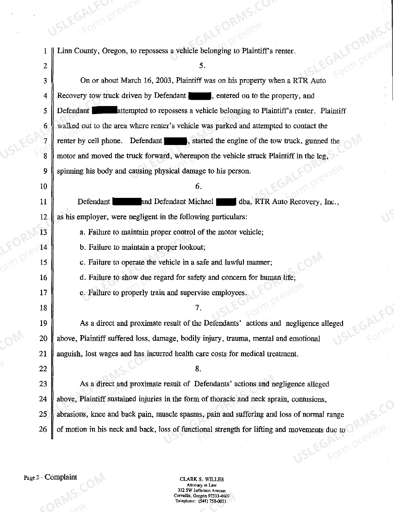Preview Complaint for Personal Injury - Vehicle Hitting Bystander