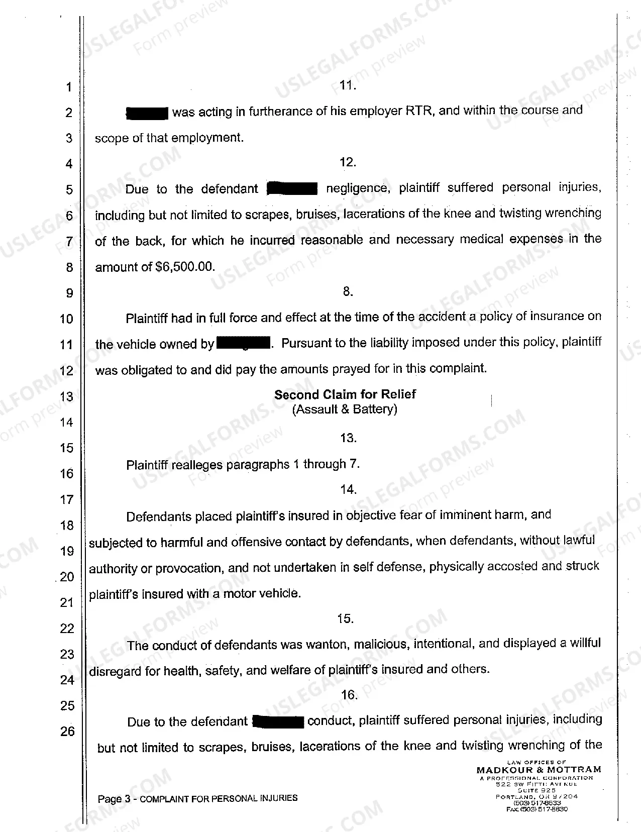 Preview A01 Complaint for Personal Injuries - Negligence, Assault, and Battery Due to Vehicle Hitting Bystander