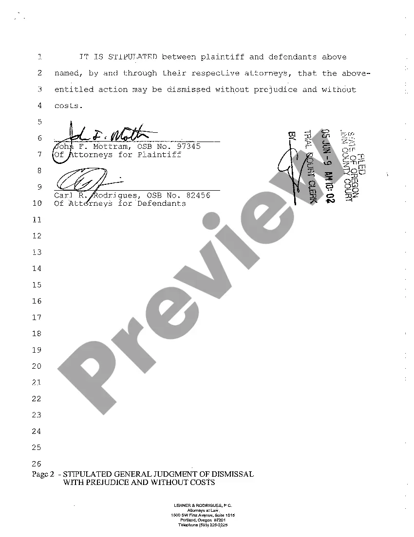 Preview A04 Stipulated General Judgment of Dismissal Without Prejudice and without Costs to Any Party