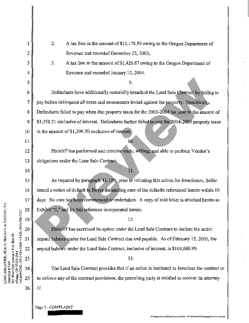 Get A01 Complaint - Strict Foreclosure of Land Sale Contract Preview A01 Complaint - Strict Foreclosure of Land Sale Contract