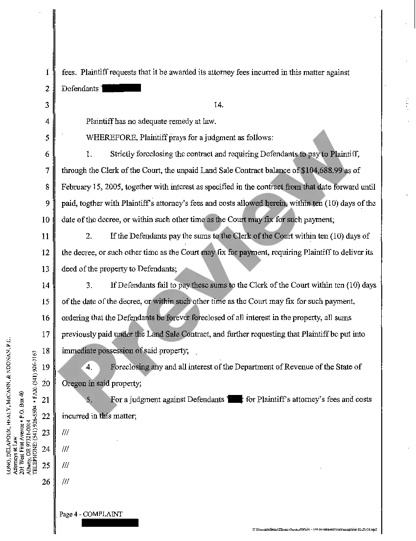 Get A01 Complaint - Strict Foreclosure of Land Sale Contract Preview A01 Complaint - Strict Foreclosure of Land Sale Contract