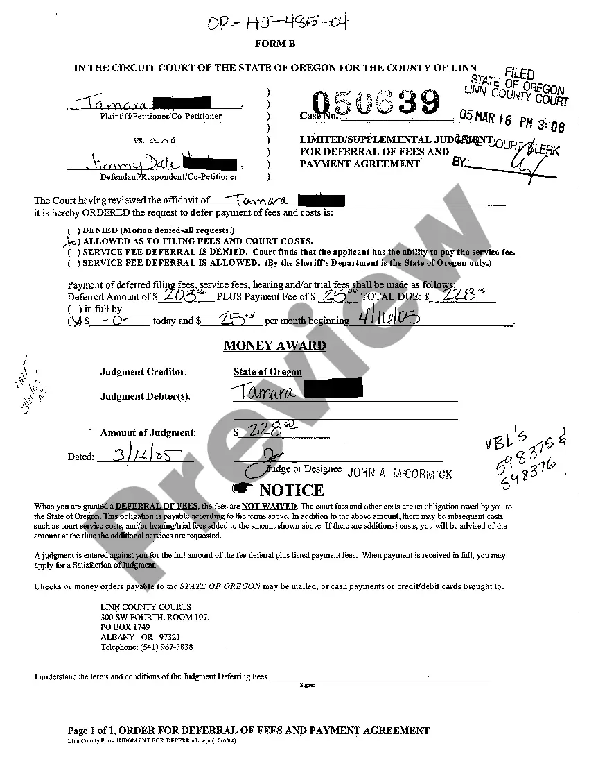 Preview A04 Limited Supplemental Judgment for Deferral of Fees and Payment Agreement