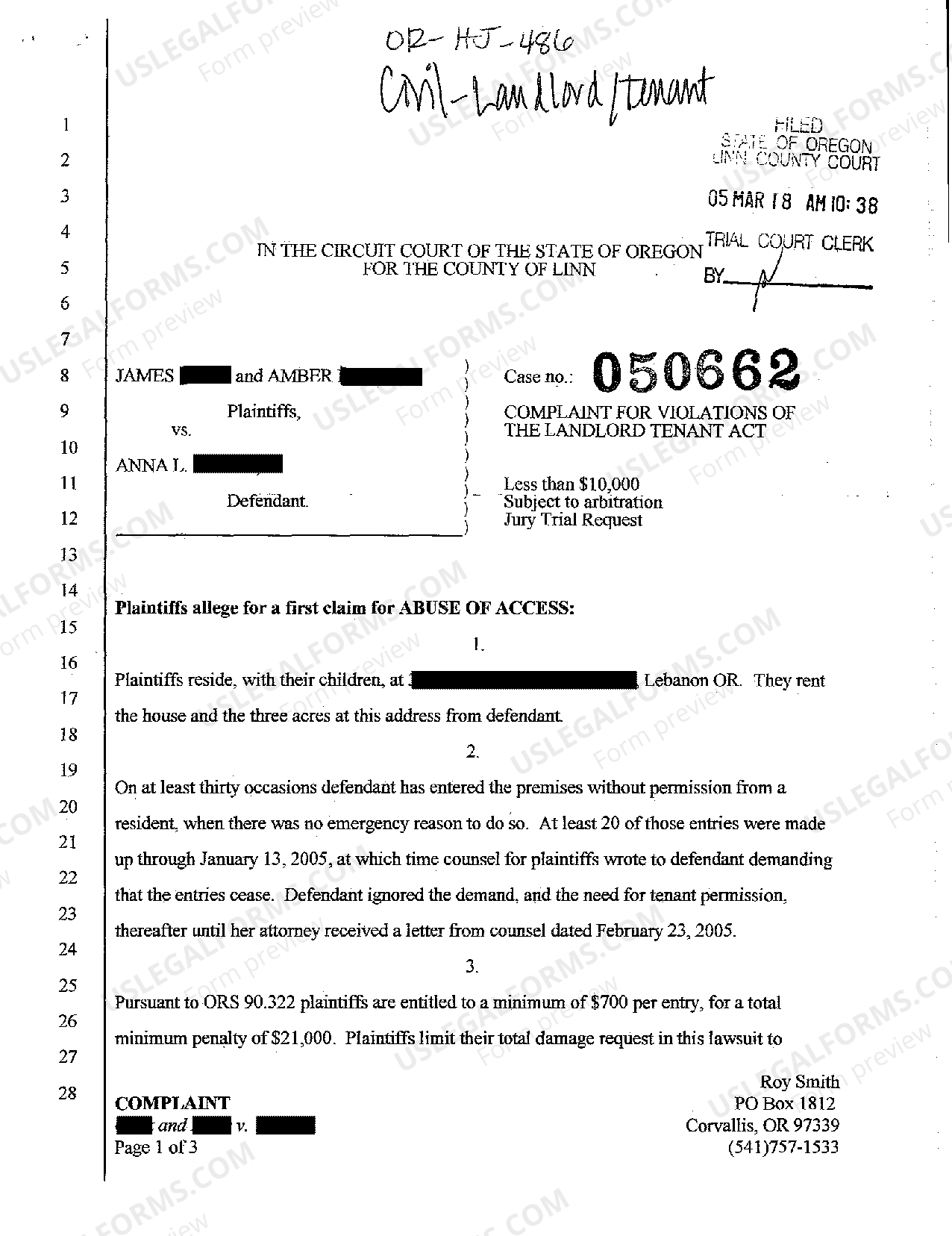 Oregon Complaint for Violations of the Landlord Tenant Act File